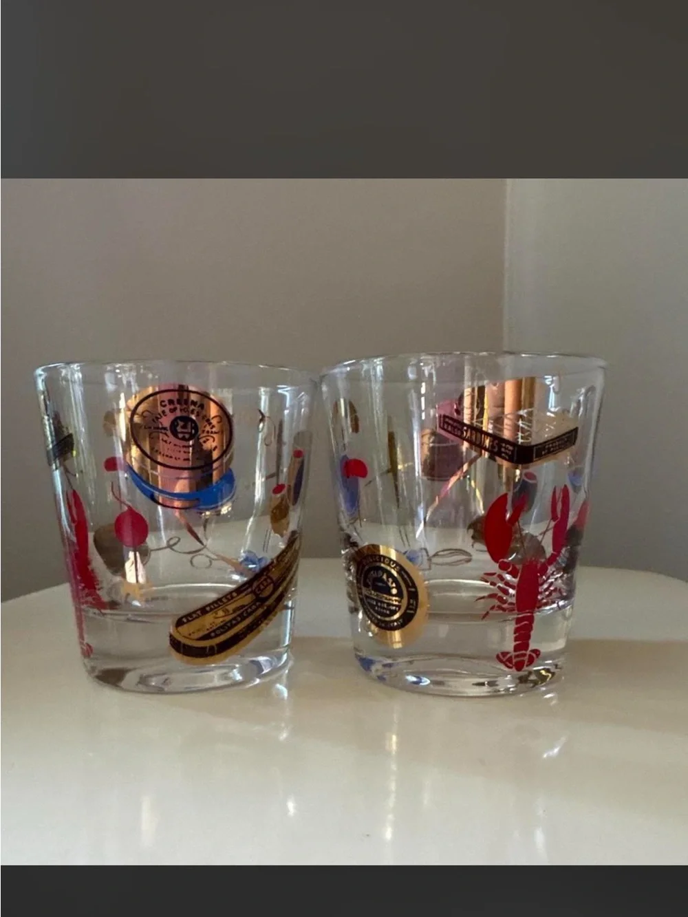 vintage mcm tinned fish themed cocktail glasses
